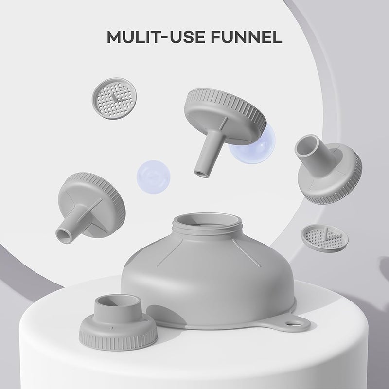 Pisol Wide Mouth Versatile Funnel, Canning Funnels for Kitchen Use, Food Grade Plastic Cooking Funnel Set with 4 Size Spouts and 2 Strainers for Filling Different Bottles and Bags, Grey - Image 2